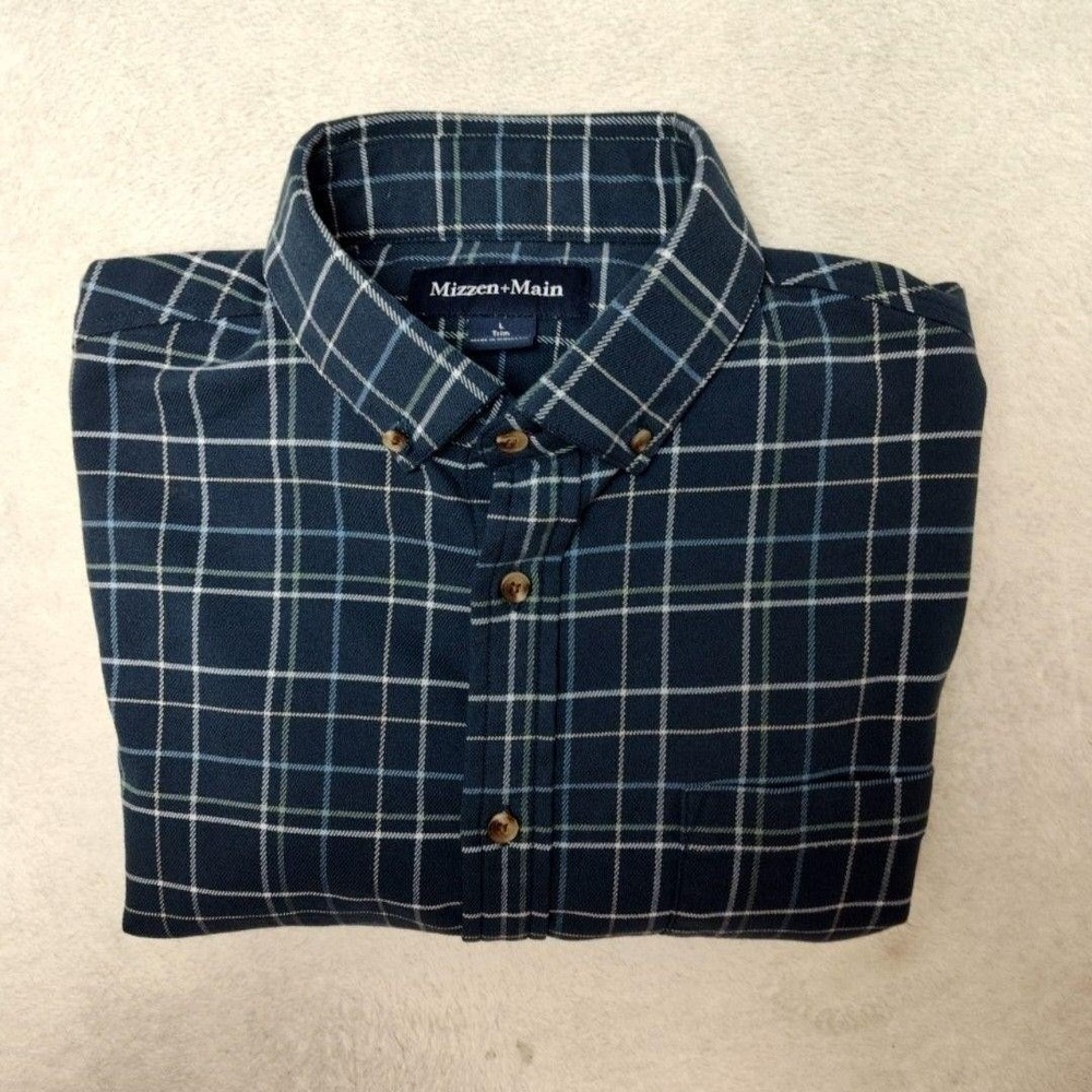 Mizzen+Main Shirt Mens L Blue Plaid City Flannel Trim will Stretch Button Up